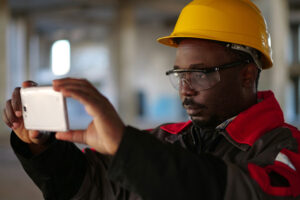 Man pointing phone using safety risk prediction software