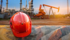 An oil drilling site with an orange hard hat in the foreground.