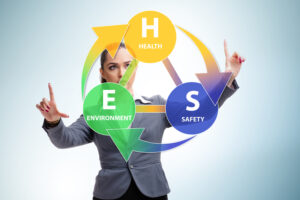 A woman focusing on three circles: safety, heath, and environment. These are three important elements of an OSHA risk assessment.