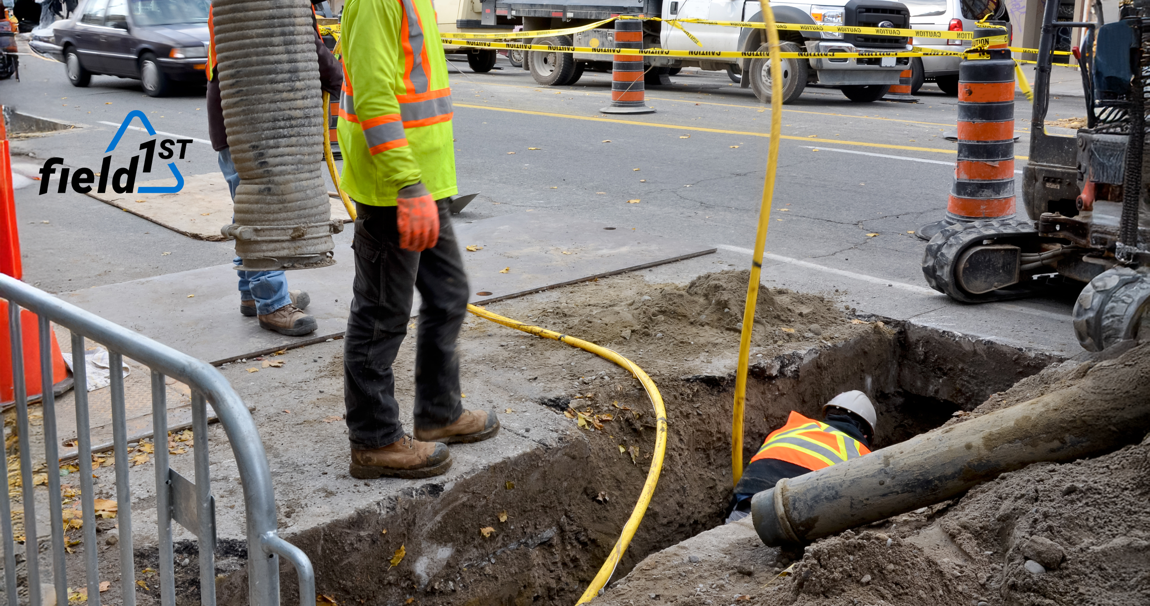 Men working on an underground pipe trying to emphasize safety in gas utilities.