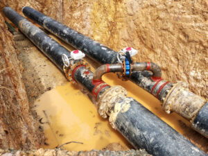 Pipes around muddy dirt in the ground