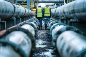 Two men in safety vests walking down an alcove with pipes