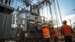 Two workers tinkering with dangerous electrical wires but following protocol since they have a safety plan for utility workers.