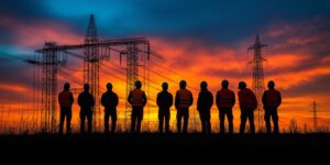 Utility workers gathered looking at the silhouette of telephone polls at sun set happy to be alive and well thanks to their company's safety plan for utility workers.