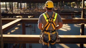 Man looking out at construction site.