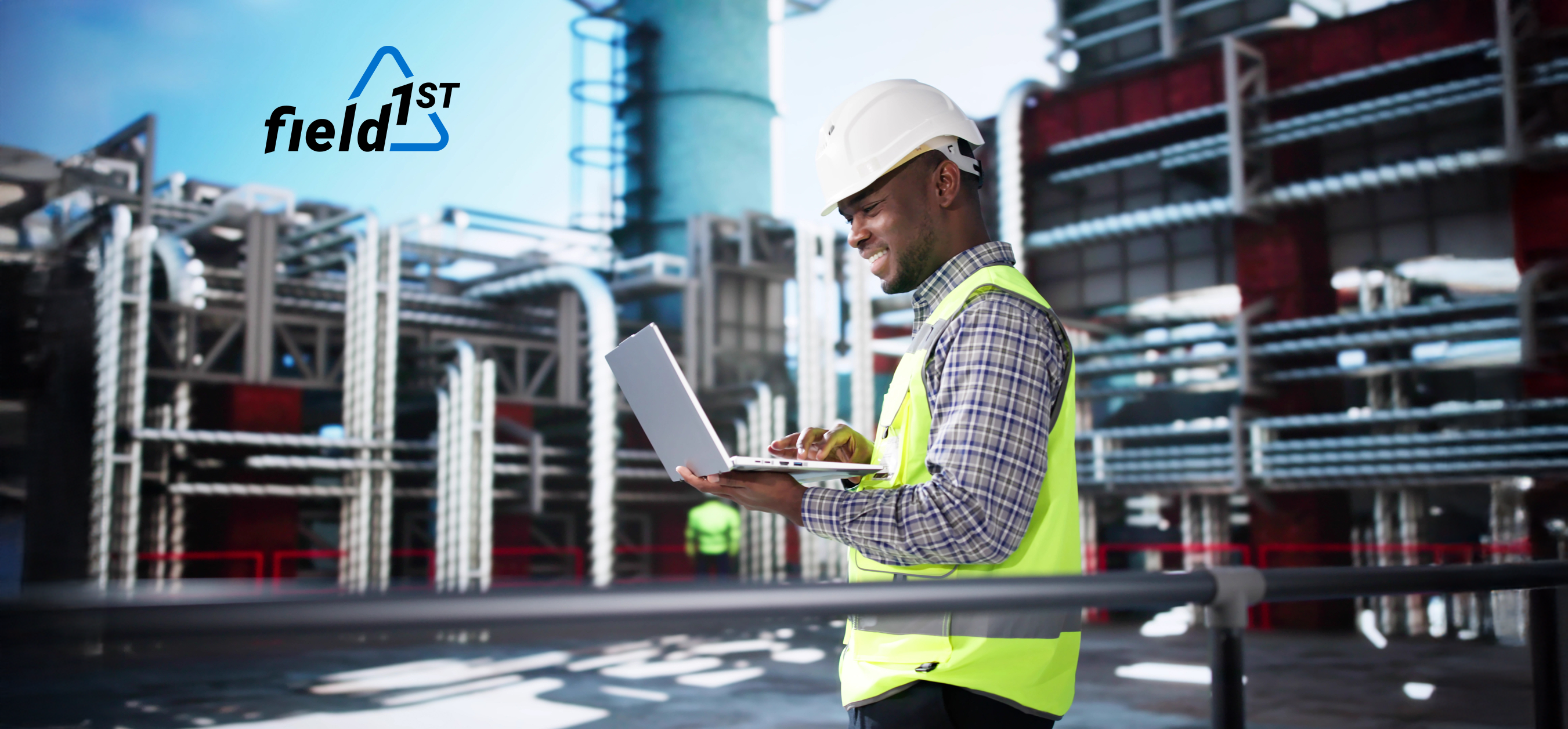 A man outside on a laptop using OSHA compliance software.