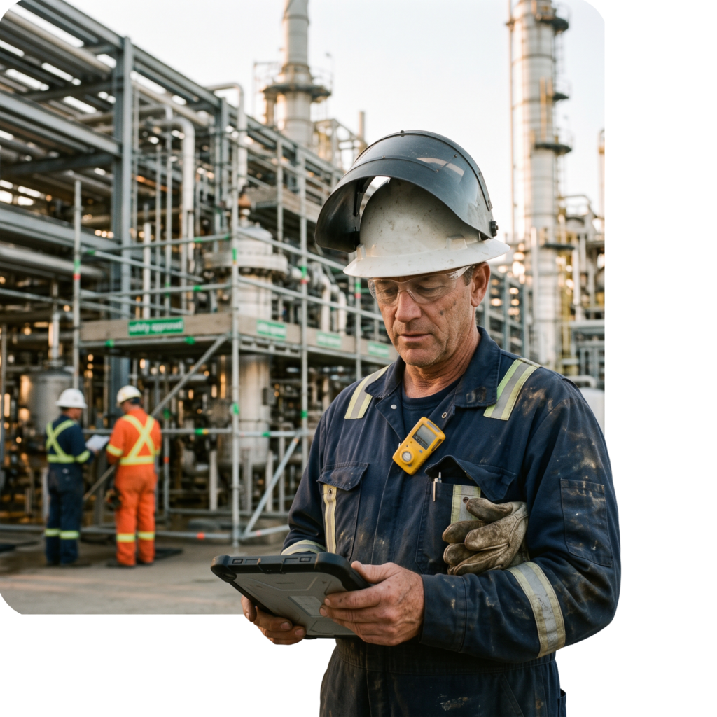 Welding foreman in a hard hat and FR coveralls reviewing a JSA on a tablet at a refinery